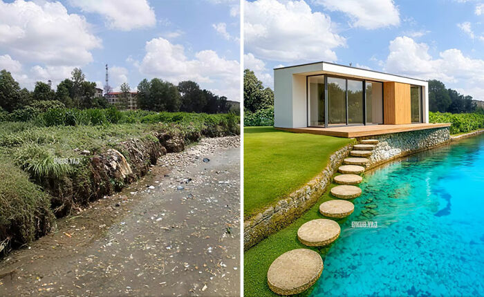 Before and after photos showing the transformation of an abandoned building site into a modern home with a clear blue pond.