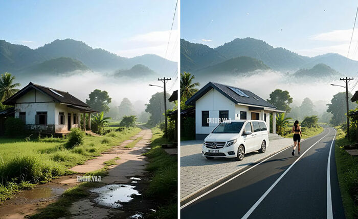 Before-and-after photos showing an abandoned building reimagined with modern updates and improved surroundings by Kou Yang.