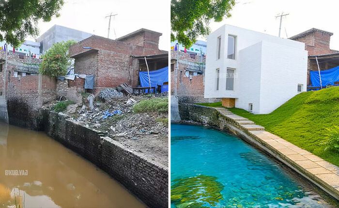 Before-and-after photos of an abandoned building transformed by Kou Yang with modern design and bright white exterior.
