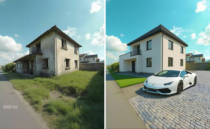 Before-and-after photos of an abandoned building transformed into a modern home with clean design and a sports car.
