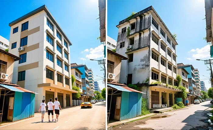 Side-by-side before and after photos of abandoned buildings reimagined showcasing urban renewal and restoration.