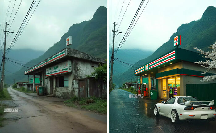Before-and-after photos of abandoned buildings reimagined, showing a rundown store transformed into a vibrant convenience shop.