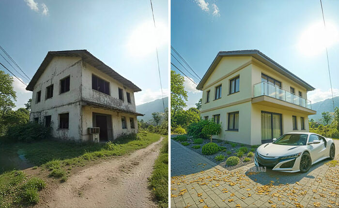 Abandoned building before and after renovation showing a modern house and luxury car in a sunny outdoor setting.