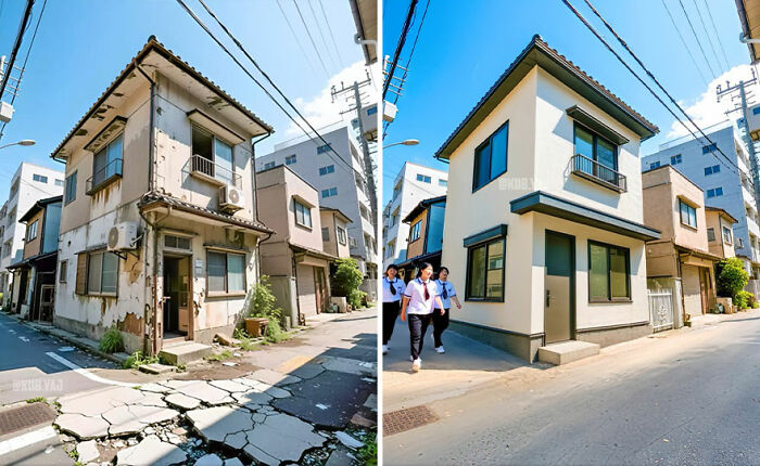 Side-by-side before and after photos of an abandoned building reimagined and renovated by Kou Yang on a sunny day.