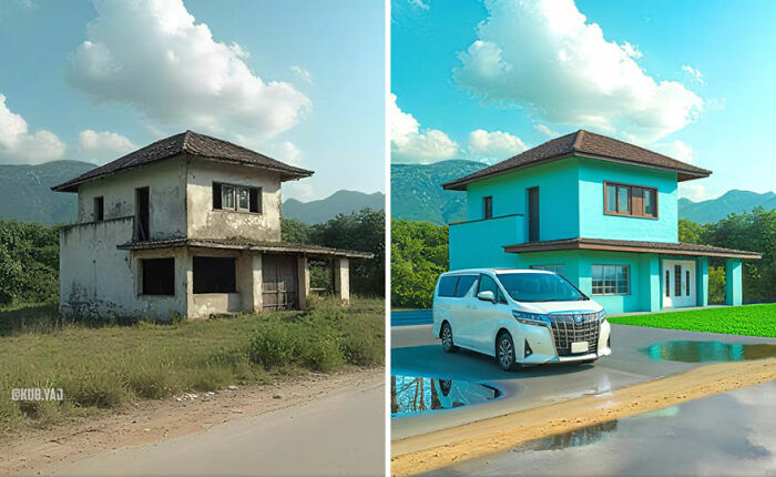 Side-by-side before and after photos of an abandoned building reimagined with fresh paint and a modern design.
