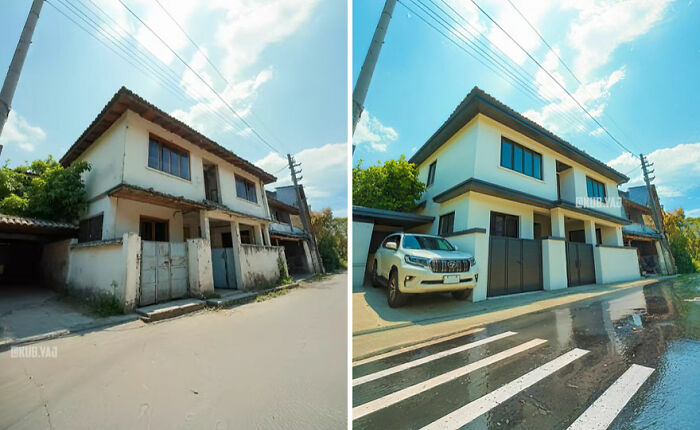 Side-by-side before and after photos showing abandoned buildings reimagined with modern renovations and fresh design.