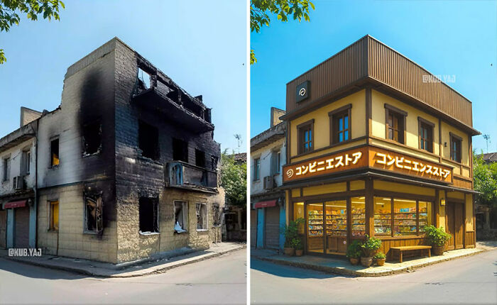 Before and after photos showing abandoned building transformed into a vibrant store, highlighting Kou Yang's reimagined designs.