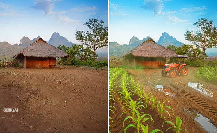 Before-and-after photos showing an abandoned building reimagined with a tractor and green crops in the field.