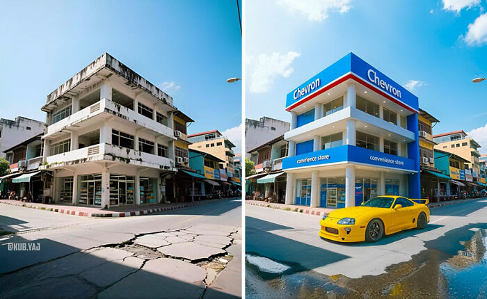 Side-by-side before and after photos of an abandoned building digitally transformed into a modern Chevron convenience store.