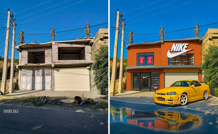 Before-and-after photos of an abandoned building transformed into a Nike store with vibrant design by Kou Yang.
