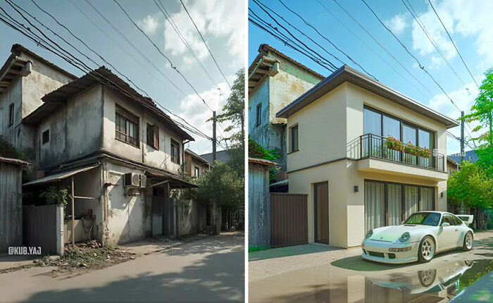 Before-and-after photos showing the transformation of an abandoned building reimagined by Kou Yang with modern design.