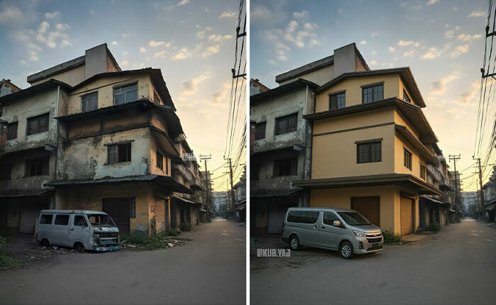 Side-by-side before and after photos of abandoned buildings reimagined with fresh paint and renovation by Kou Yang.