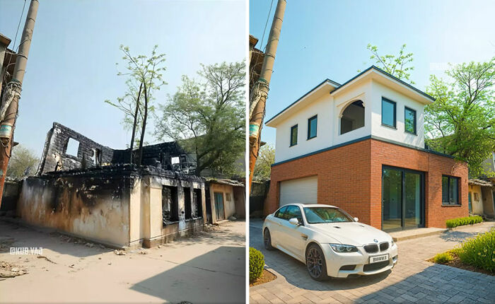 Side-by-side before and after photos of an abandoned building transformed into a modern home with a parked white car.