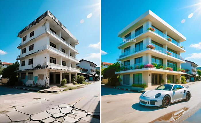Before and after photos of an abandoned building transformed with modern design and landscaping by Kou Yang.