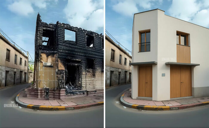 Before-and-after photos of abandoned building reimagined, showing a burnt structure transformed into a modern home.