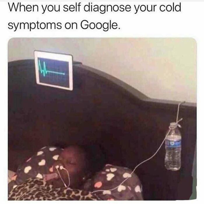 Person lying in bed with a tablet showing heart monitor and water bottle as makeshift IV in a funny medical meme.