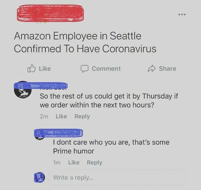 Screenshot of a humorous online comment about coronavirus related to an Amazon employee, featuring medical memes.