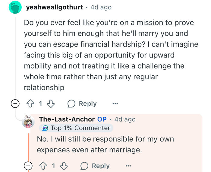 Reddit conversation showing a poor woman who dates a rich guy discussing financial responsibility after marriage.