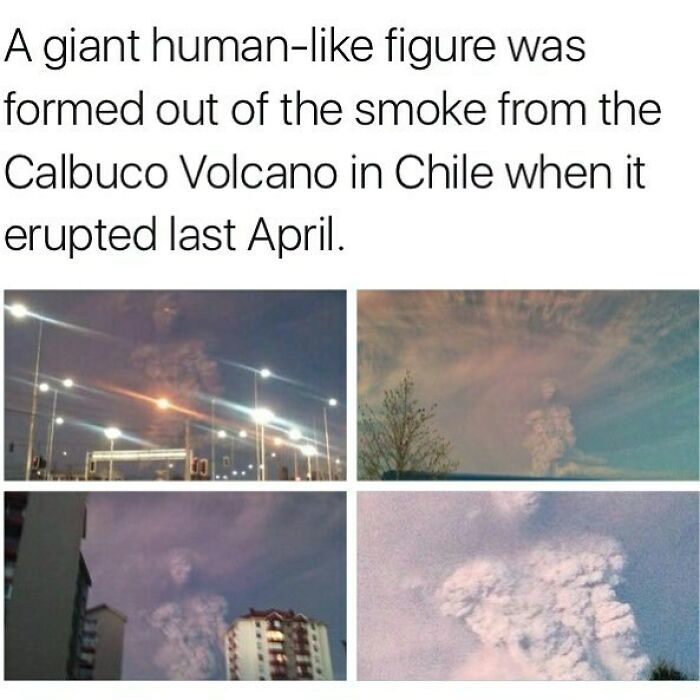 Smoke from Calbuco Volcano eruption in Chile forms giant human-like figure, a creepy natural phenomenon captured in multiple photos.