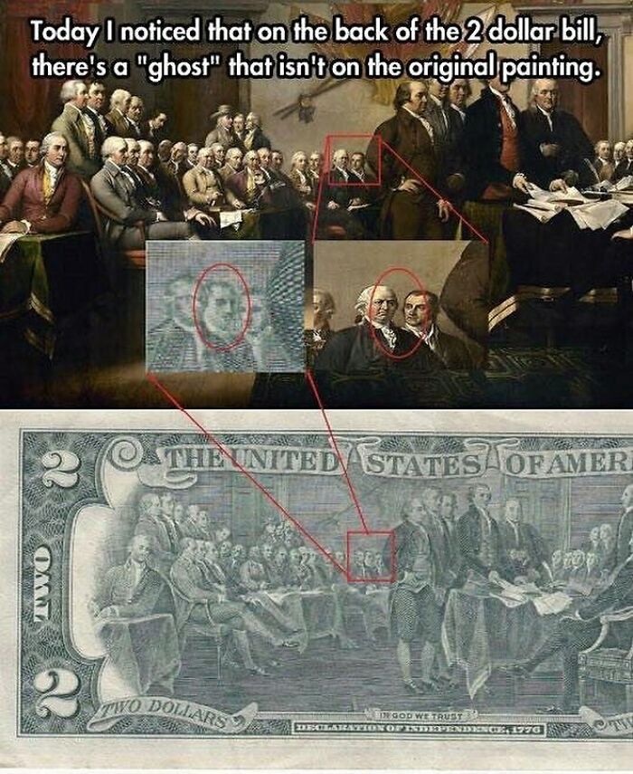 Image showing a hidden ghostly figure on the back of the 2 dollar bill compared to the original painting, creepy fact.