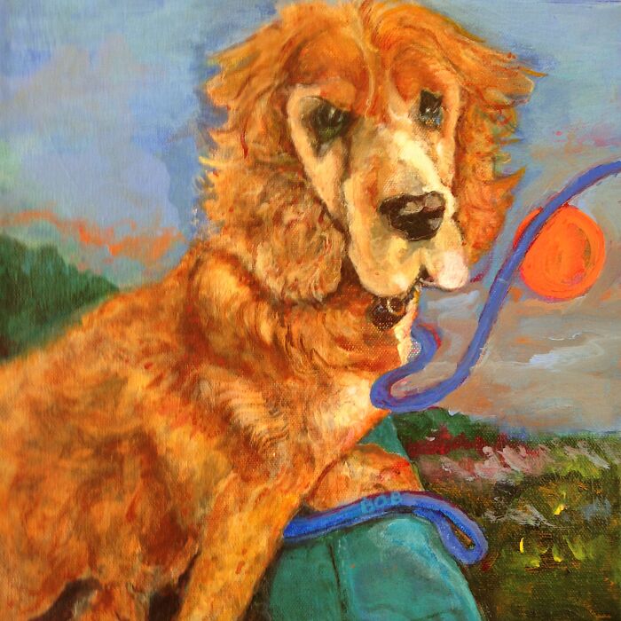 Oil painting pet portrait of a golden retriever with a blue leash and ball, showcasing detailed brushwork on fur and background.