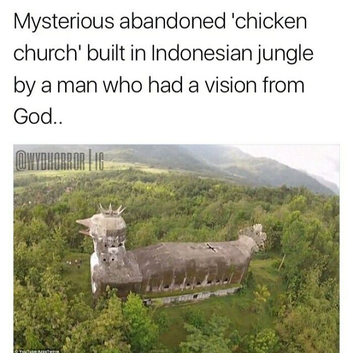 Aerial view of a mysterious abandoned chicken-shaped church in the Indonesian jungle, a creepy unusual structure.