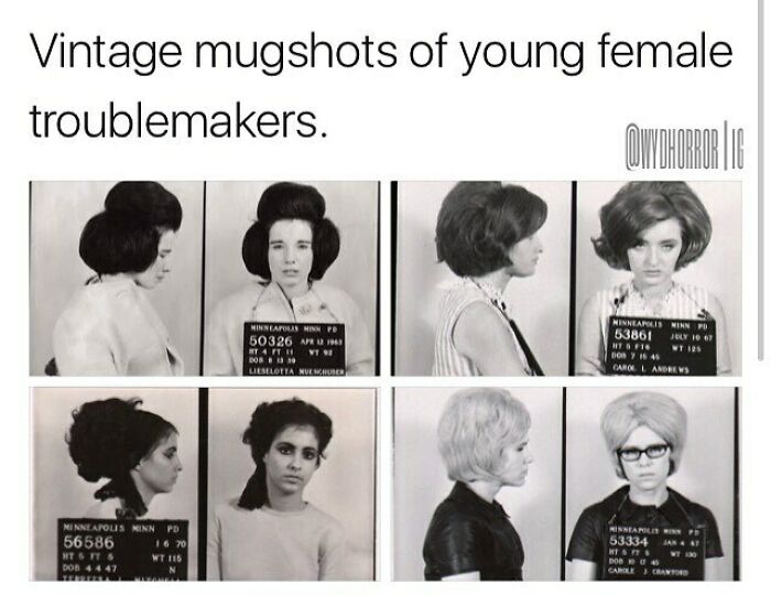 Vintage mugshots of young female troublemakers showing creepy facts and images to deprive somebody of sleep.