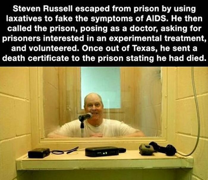 Man behind glass in prison visitation room with text about Steven Russell's creepy prison escape facts.
