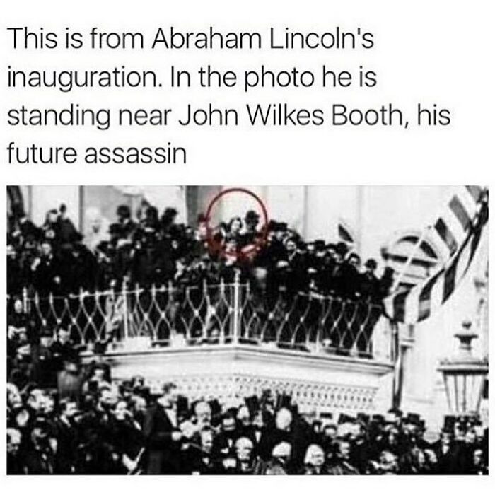 Black and white photo from Abraham Lincoln's inauguration showing John Wilkes Booth, a random creepy fact to deprive sleep.