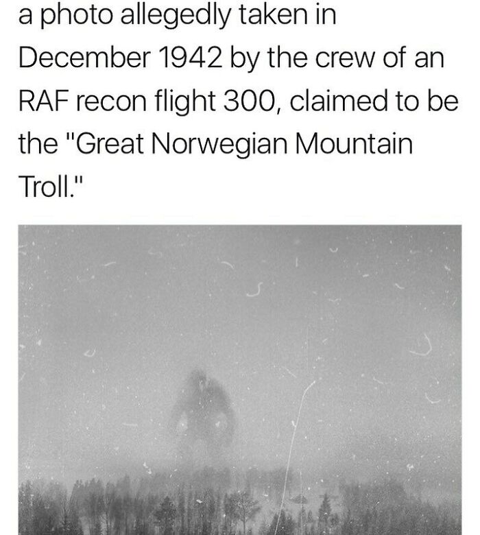 Black and white photo from 1942 showing a foggy forest scene with a faint figure claimed as the Great Norwegian Mountain Troll.