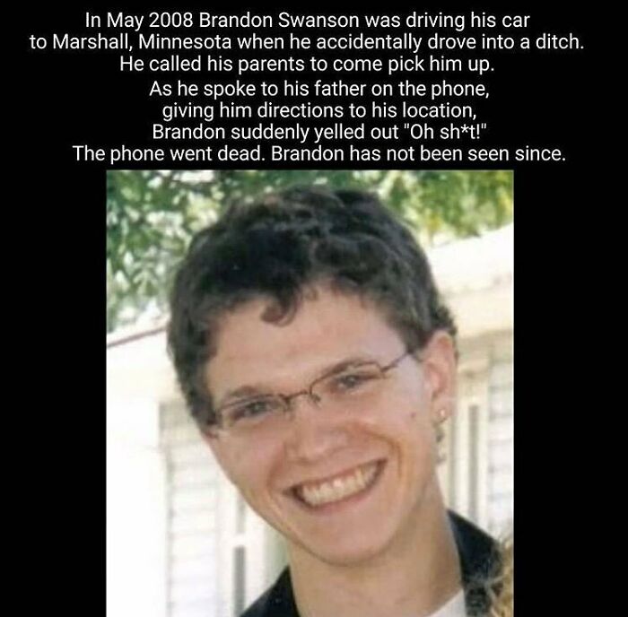 Young man smiling with glasses under text about a creepy disappearance story, fitting random creepy facts and pics theme.
