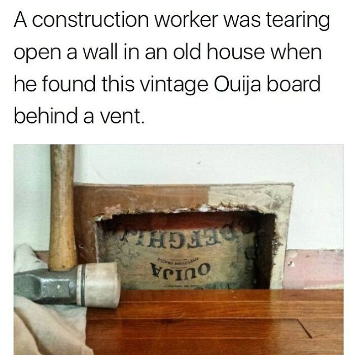 Vintage Ouija board found behind wall vent by construction worker in old house, showcasing creepy random facts and eerie discovery.