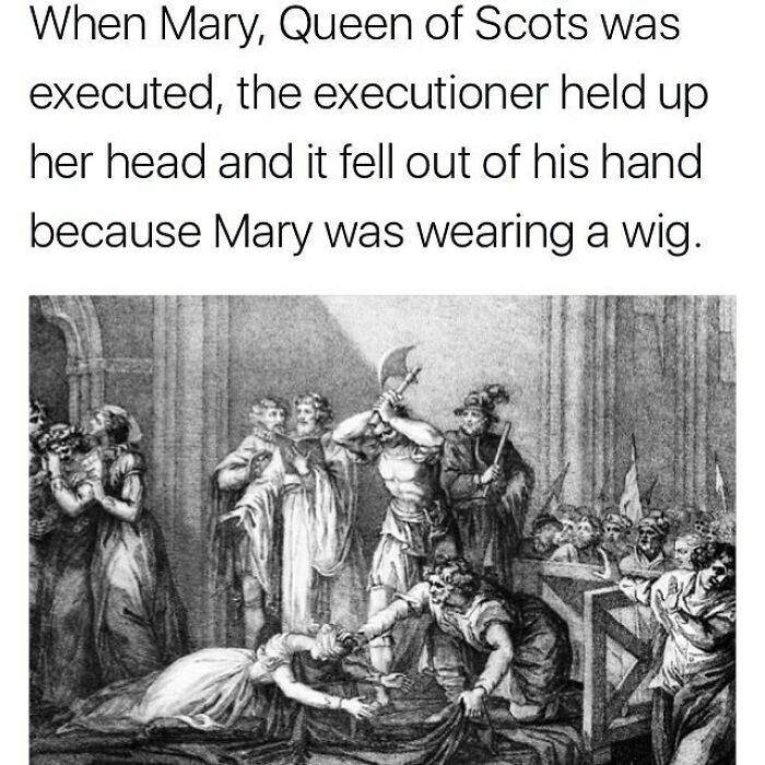 Historic black and white illustration of Mary, Queen of Scots e*******n with creepy facts about her wig and decapitation.