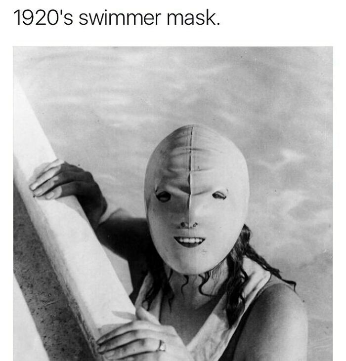 1920s swimmer wearing a creepy mask in pool, vintage image illustrating random creepy facts and unsettling visuals.