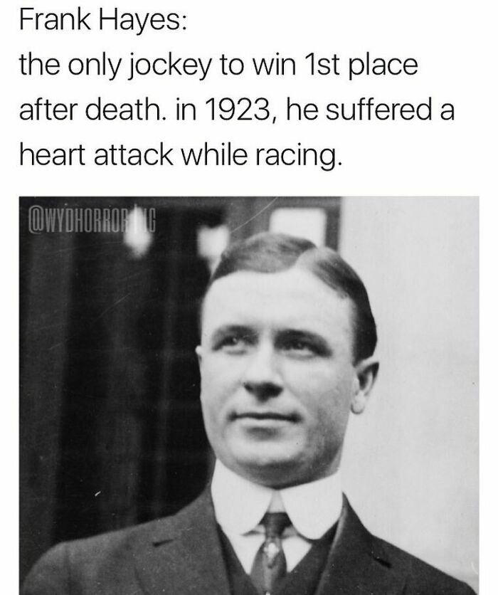 Black and white photo of Frank Hayes, the only jockey to win first place after death, a creepy fact from 1923.