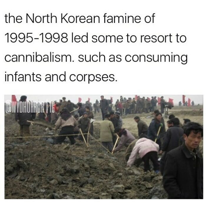 Crowd working in muddy field during North Korean famine of 1995-1998, a random creepy fact about cannibalism and corpses.