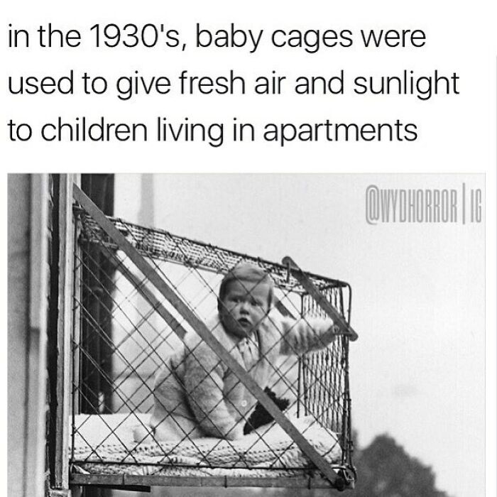 Black and white photo of a baby in a 1930s baby cage, illustrating creepy facts from history to deprive sleep.