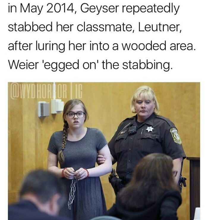 Courtroom scene with a young woman in handcuffs and a police officer, illustrating creepy facts to deprive somebody of sleep.
