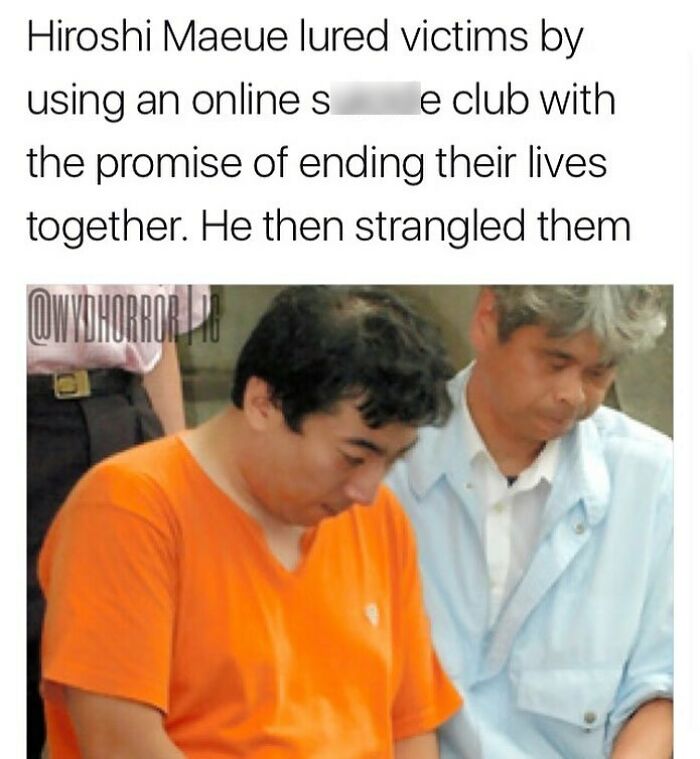 Man in an orange shirt and another man sitting next to him, related to creepy facts about a strangler from an online s*****e club.