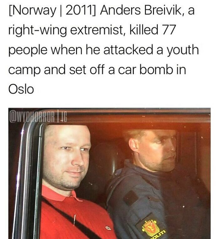 Text about Anders Breivik’s 2011 attack in Norway with a photo of him and a police officer inside a vehicle, creepy facts topic.