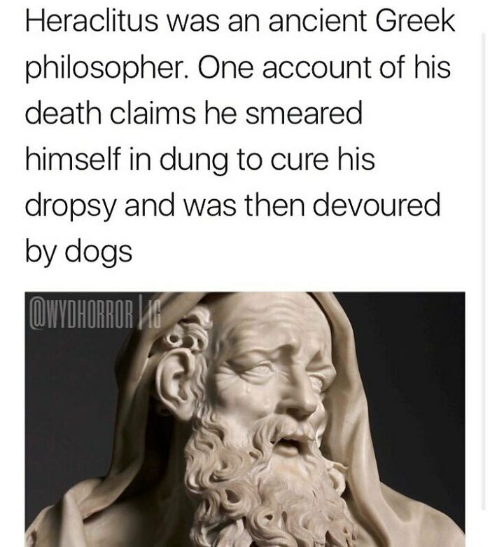 Bust of ancient Greek philosopher Heraclitus with creepy fact about his death involving dung and dogs.