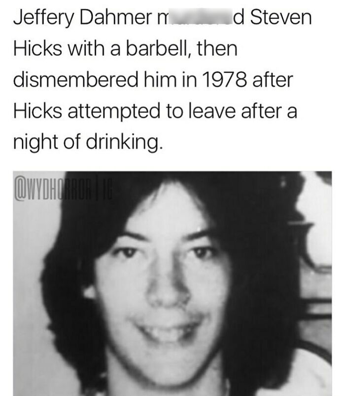 Black and white photo of a young man with long hair, accompanying creepy fact from random creepy facts and pics.