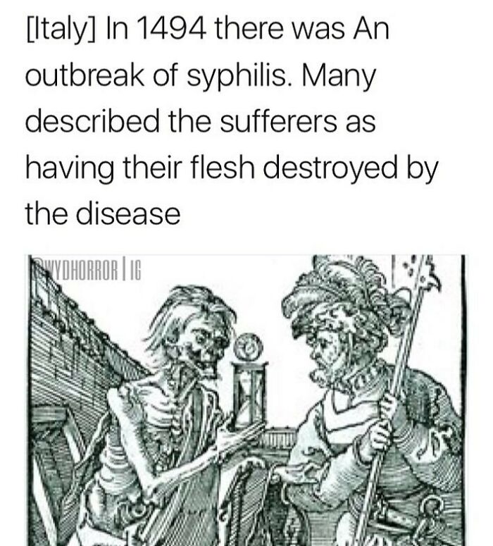 Creepy historical fact about a 1494 syphilis outbreak in Italy with an eerie black and white skeletal drawing.