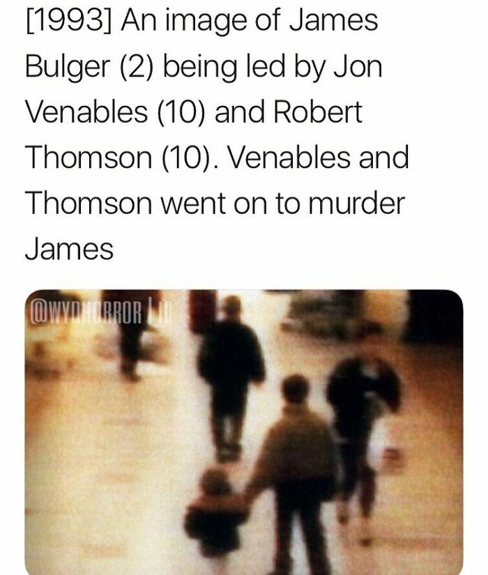 Blurry 1993 image of children walking, related to creepy facts and disturbing true crime events.