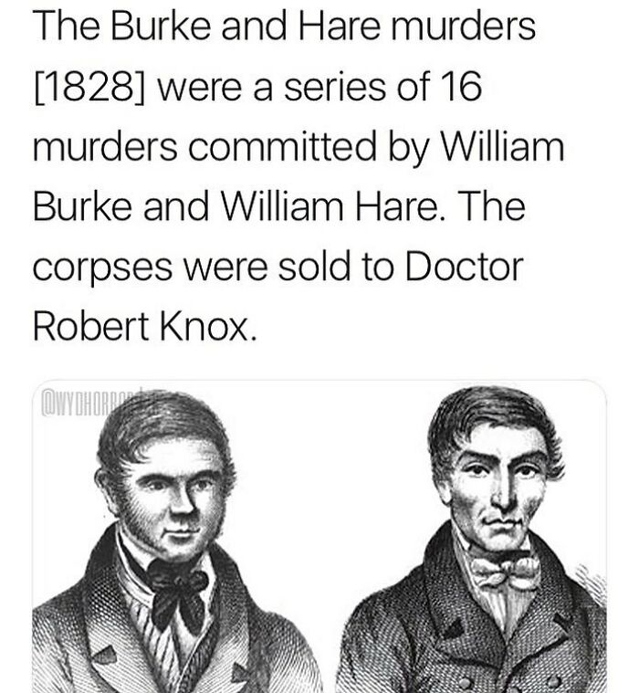 Illustration of Burke and Hare, infamous for 16 murders and selling corpses, a creepy fact from unsettling historical crimes.