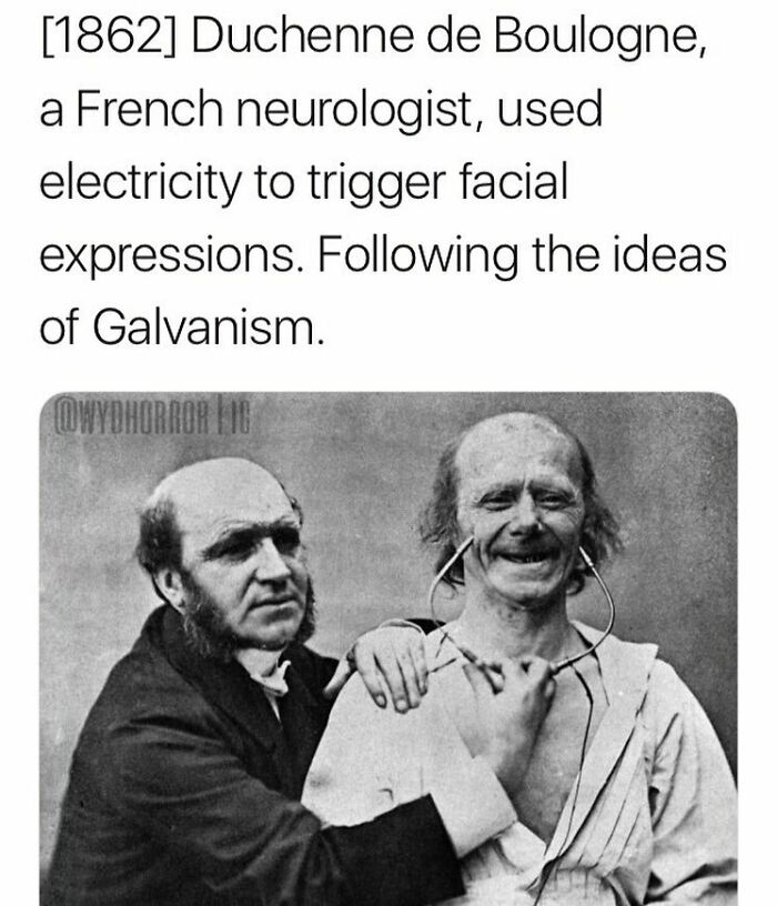 1862 photo of French neurologist using electricity to trigger facial expressions, related to creepy science facts and experiments.