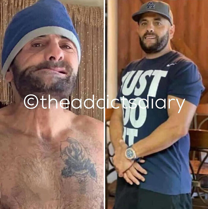 Side-by-side before-and-after photos showing a man's recovery and rebuilding of his life with improved health and confidence.