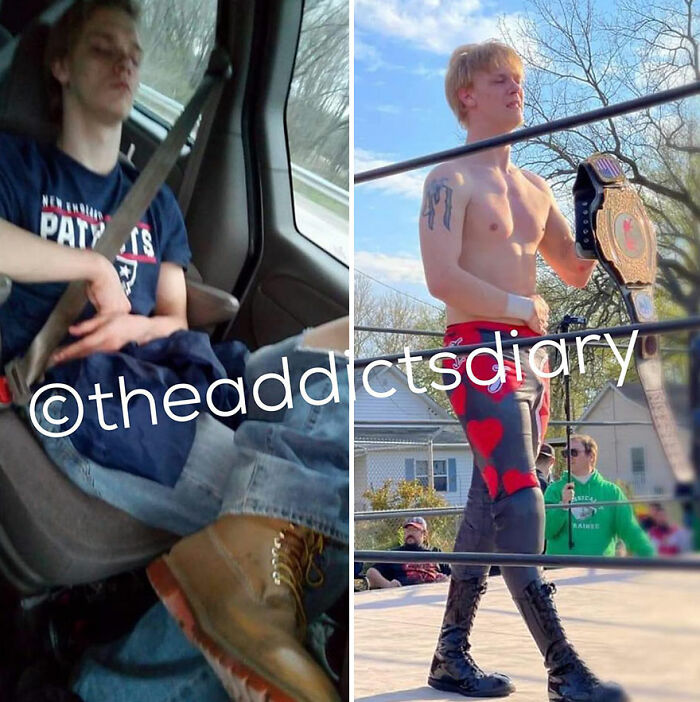 Side-by-side before and after pics showing recovery and rebuilding life with confidence and strength outdoors.