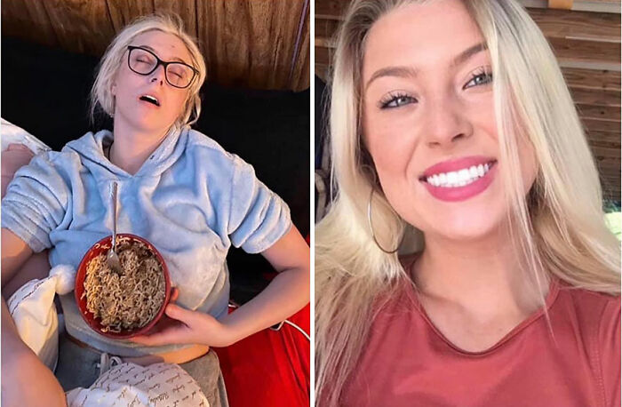 Before-and-after pics showing a woman recovering and rebuilding her life with improved health and happiness.