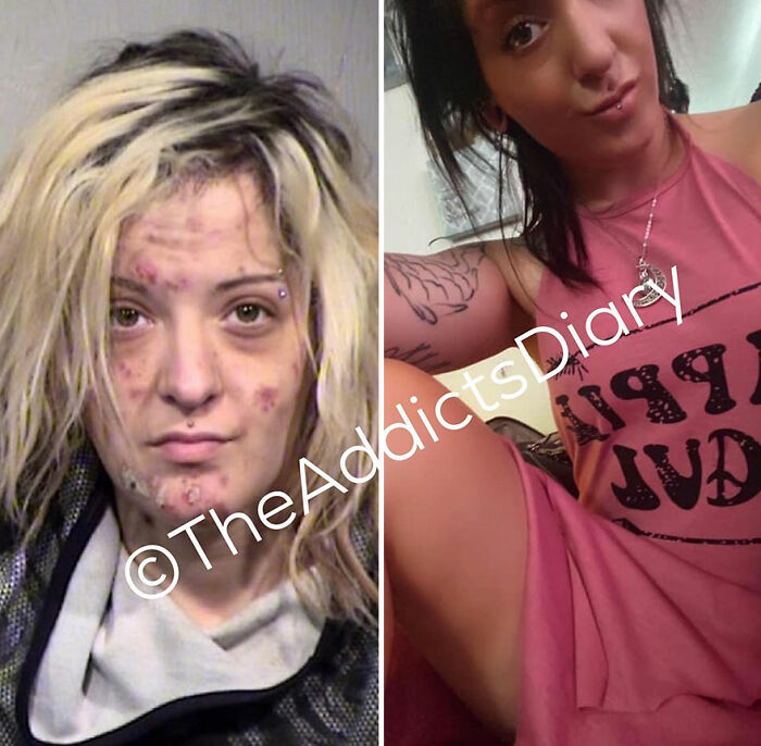 Before-and-after photos showing a person's recovery and rebuilding their life through visible positive transformation.